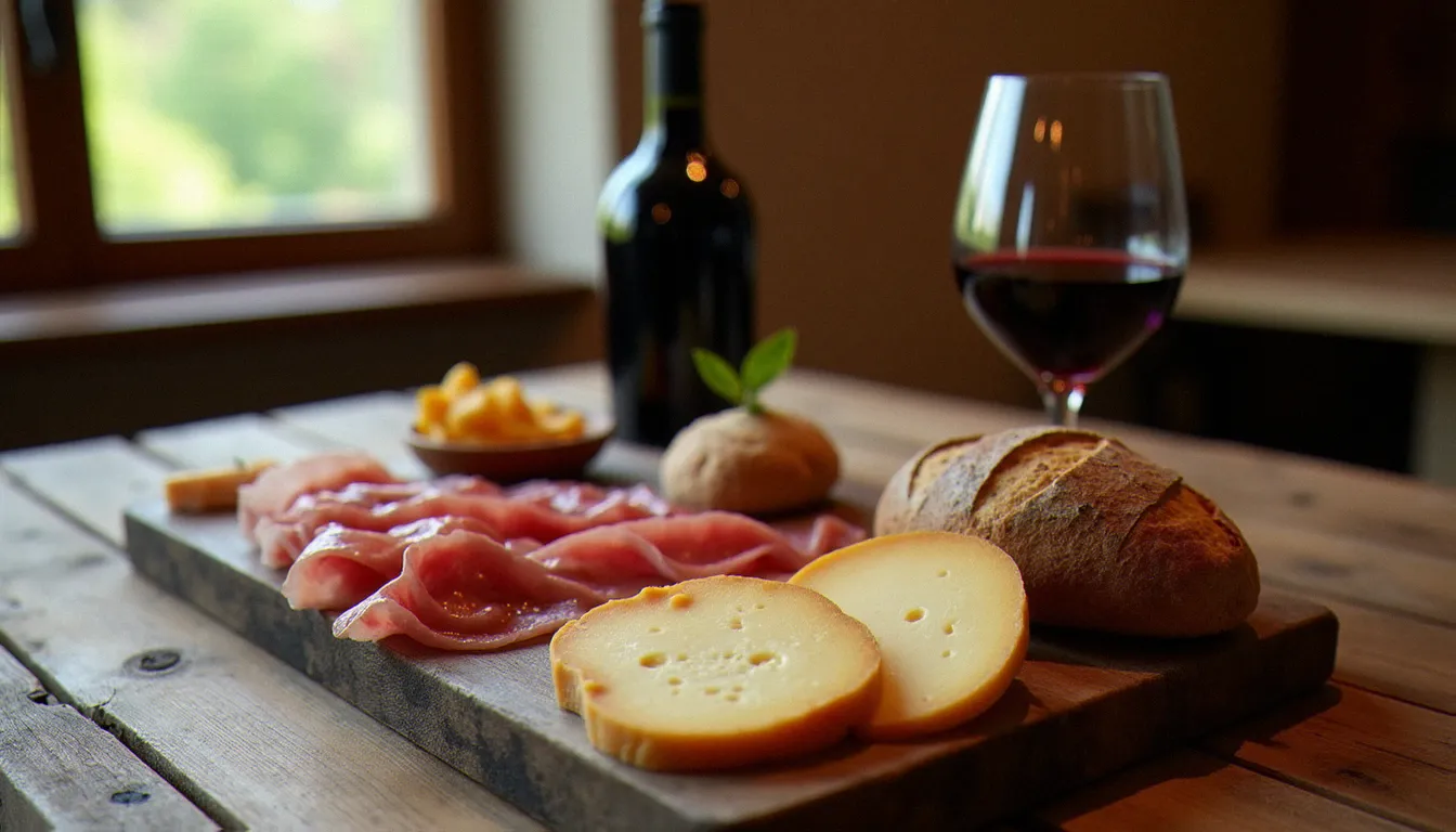 Plateau de charcuterie auvergnate et fromages AOP servis dans un restaurant de montagne à La Bourboule, éclairage naturel