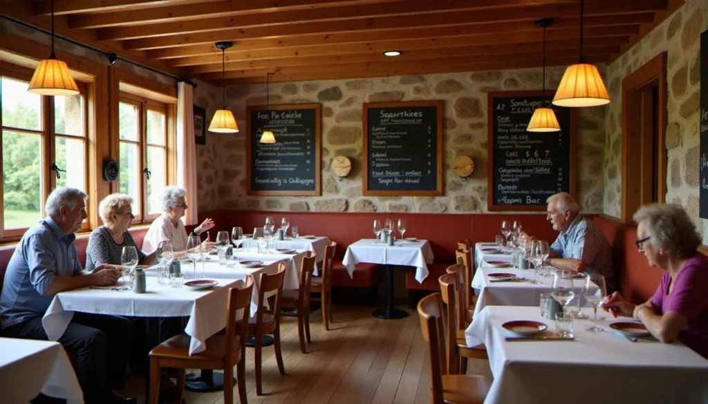 restaurant pourquoi pas la bourboule featured Intérieur chaleureux d'un restaurant à La Bourboule, tables en bois, ardoise de menu traditionnel auvergnat et ambiance thermale authentique