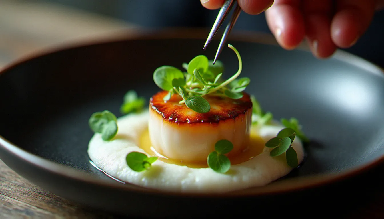 Plat de dégustation dans un restaurant étoilé Michelin, coquille Saint-Jacques dressée à la pince sur assiette en céramique noire