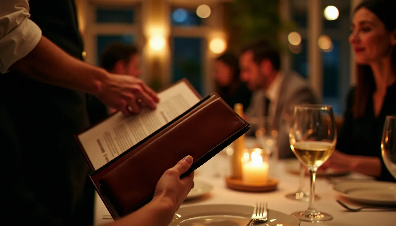 Client consultant la carte des vins avec un sommelier dans un restaurant gastronomique étoilé Michelin en France