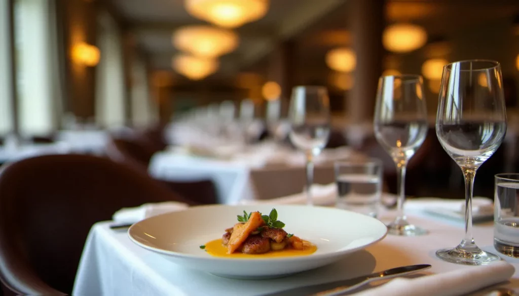 restaurant prix michelin featured Salle d'un restaurant prix Michelin en France avec nappe blanche, dressage gastronomique et lumières tamisées