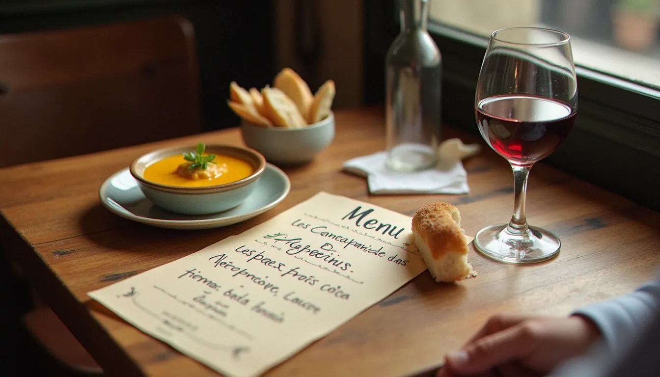 Table d'un restaurant de quartier avec carte manuscrite, bol de soupe et pain, main du client saisissant une serviette, lumière naturelle