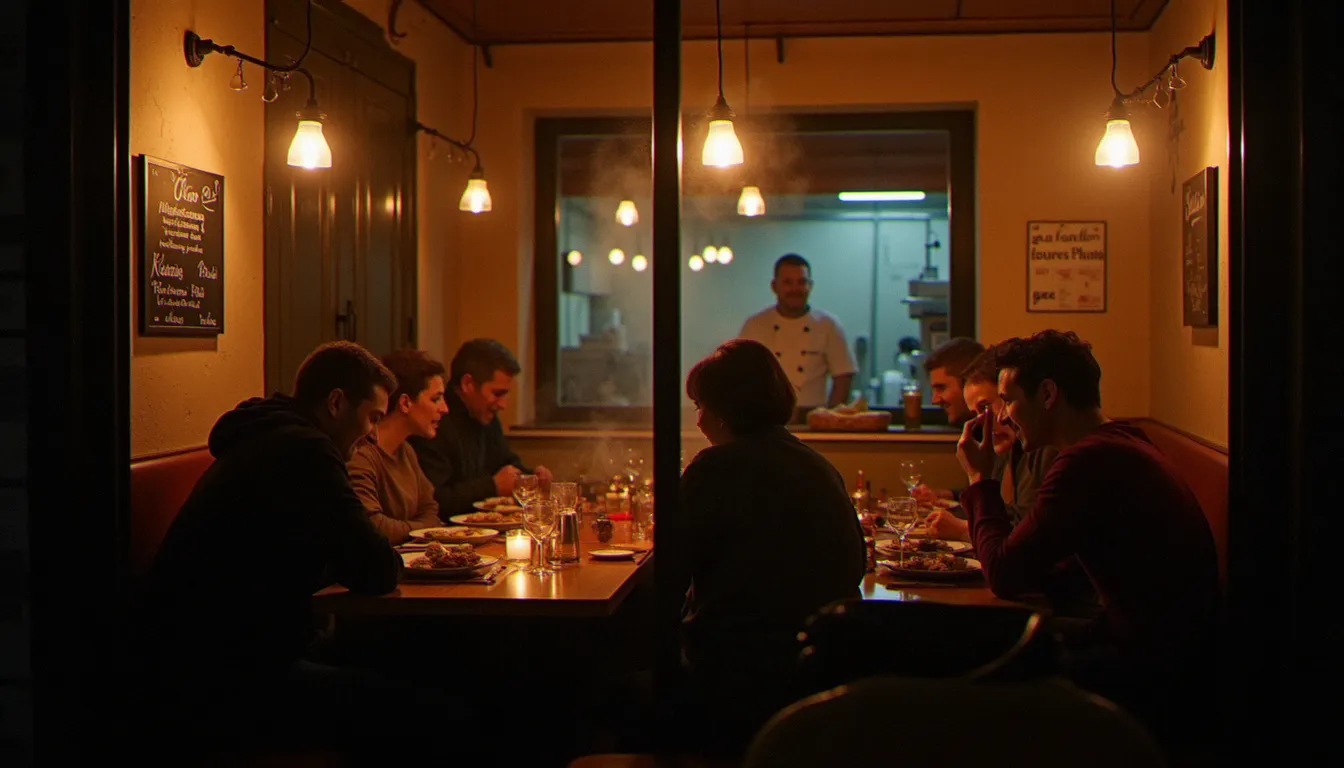 Vue sur un restaurant de proximité de moi en soirée, clients installés à table, lumière chaude et ambiance conviviale, menu noir affiché au mur