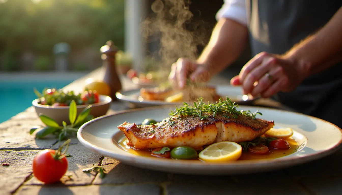 Plats de poissons grillés et herbes fraîches dressés à côté d'un espace de piscine, illustrant l'intégration entre cuisine et espace aquatique