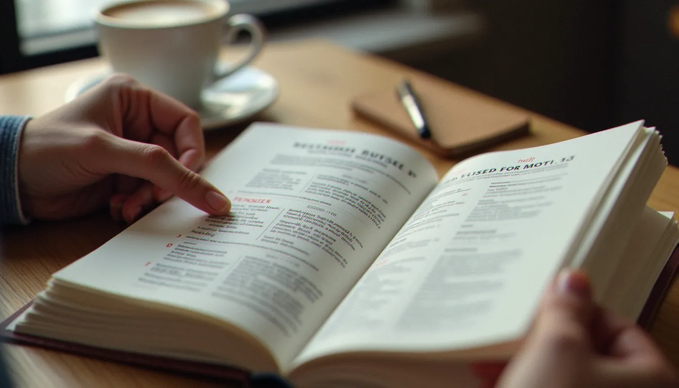 Mains feuilletant les pages d'un guide de restaurants avec un carnet de notes à proximité