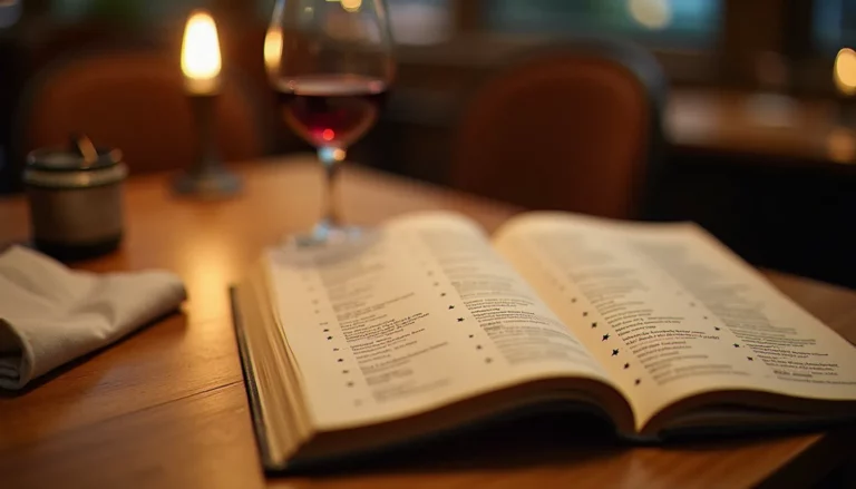 Un restaurant guide du Routard ouvert sur une table de restaurant, à côté d'un verre de vin rouge et d'un coin de nappe