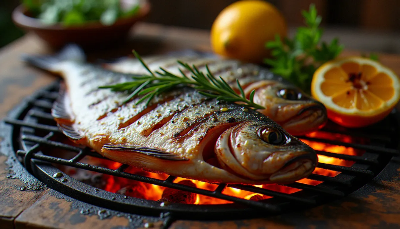Dorade grillée sur braise de chêne accompagnée de romarin et de citron, méthode de cuisson au feu du restaurant de Guidel