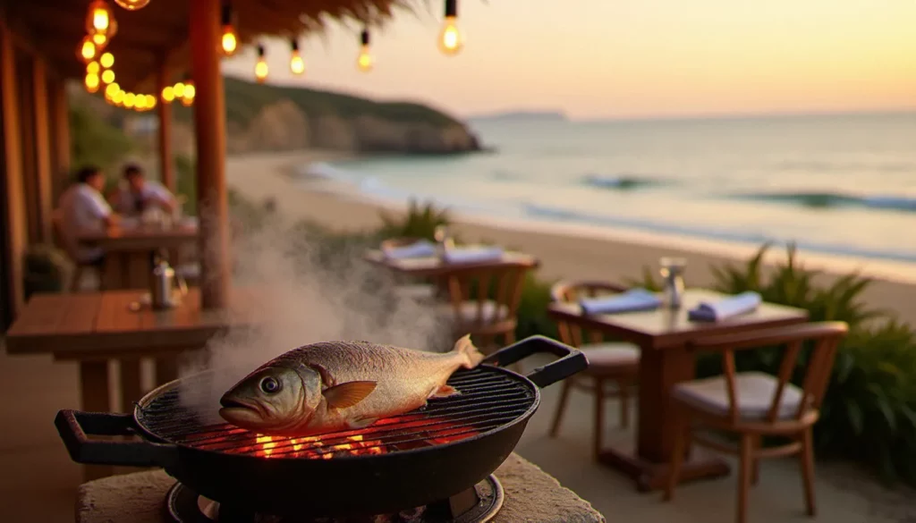 restaurant guidel plage feu featured 1 Terrasse du restaurant Guidel plage feu au coucher du soleil, grill à braise en premier plan avec poisson en cuisson, vue sur la plage de sable fin de Guidel dans le Morbihan