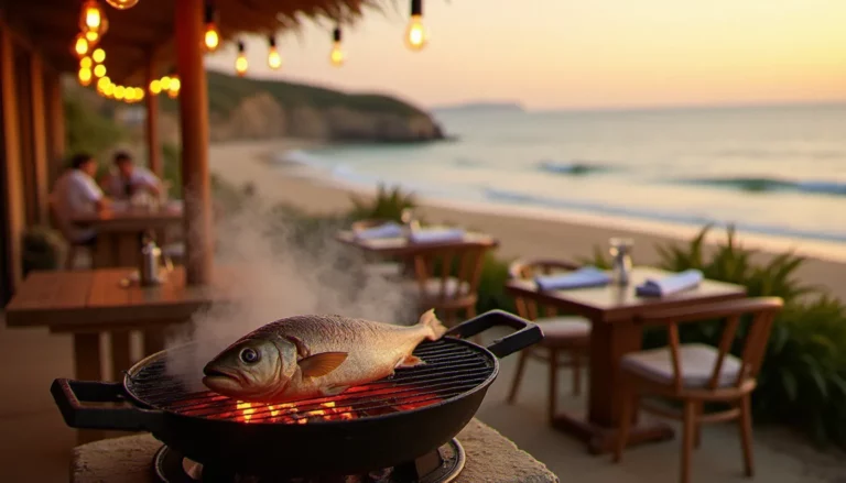 Terrasse du restaurant Guidel plage feu au coucher du soleil, grill à braise en premier plan avec poisson en cuisson, vue sur la plage de sable fin de Guidel dans le Morbihan