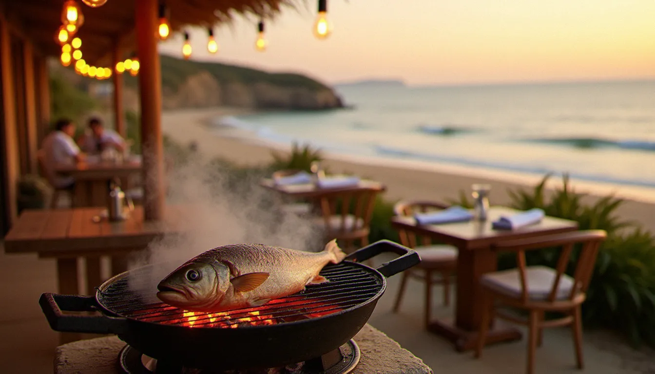 Terrasse du restaurant Guidel plage feu au coucher du soleil, grill à braise en premier plan avec poisson en cuisson, vue sur la plage de sable fin de Guidel dans le Morbihan