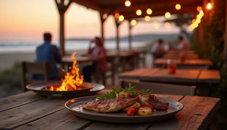 Terrasse du restaurant Guidel Plages Feu au coucher du soleil, assiette de poisson grillé sur braise, mer Atlantique en arrière-plan