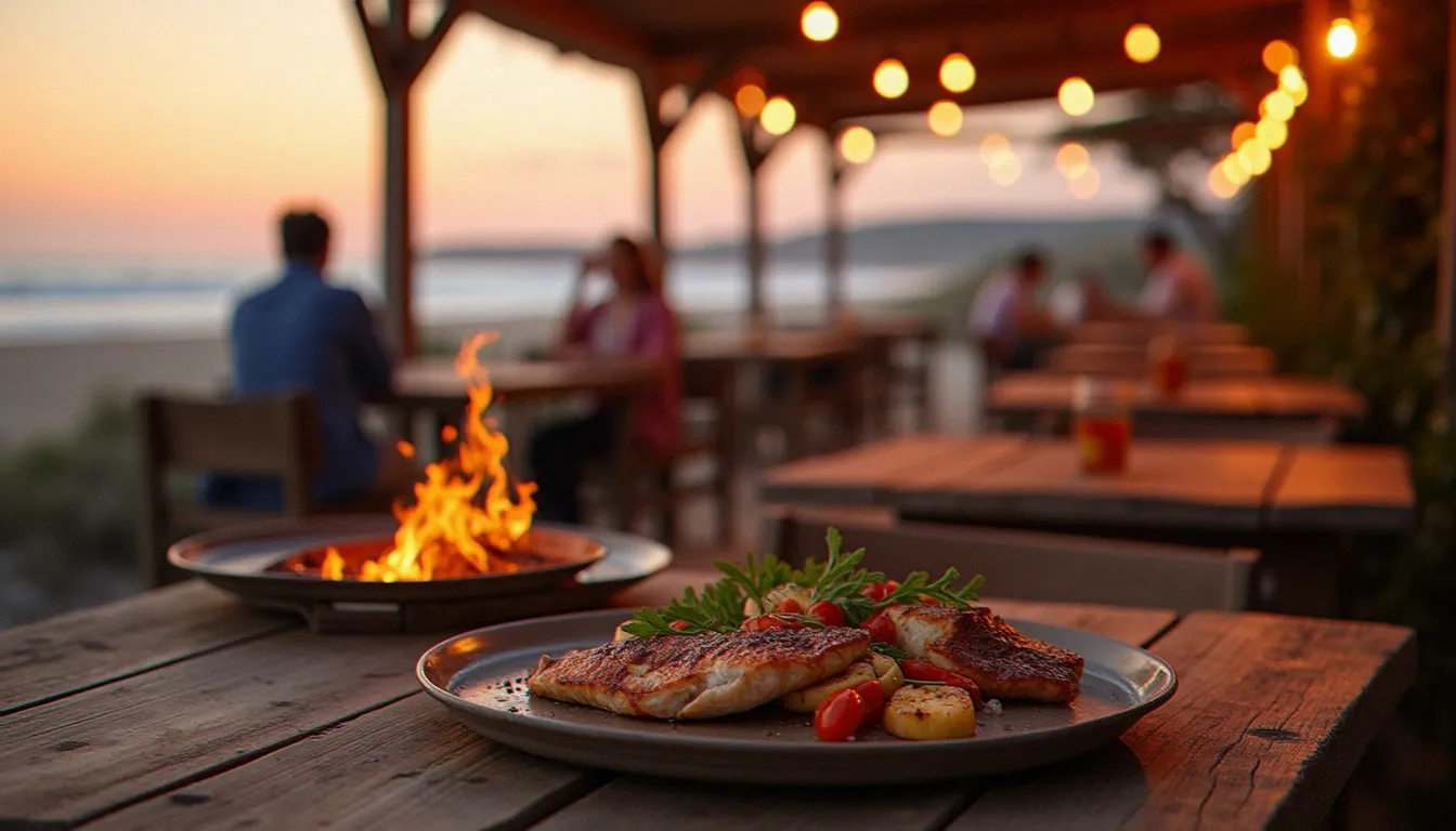 Terrasse du restaurant Guidel Plages Feu au coucher du soleil, assiette de poisson grillé sur braise, mer Atlantique en arrière-plan