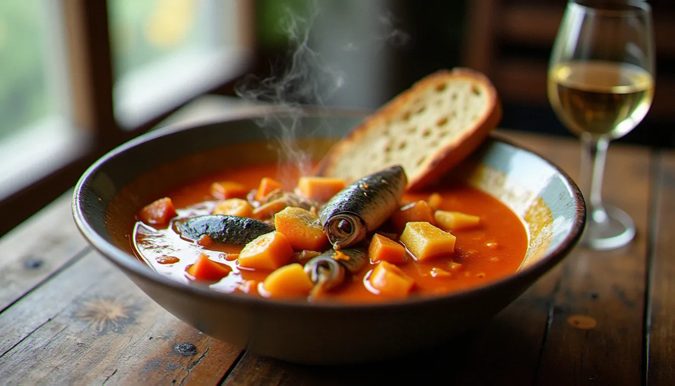 Bol de bouillabaisse maison avec croûte de pain trempée dans la sauce, servie sur une table en bois du restaurant