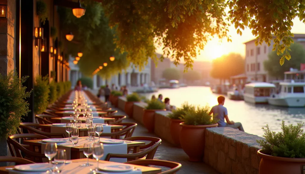 restaurant pourquoi pas agde featured Terrasse en front de canal du restaurant Pourquoi Pas Agde au coucher du soleil, tables dressées et lumières chaudes sur l'eau du canal